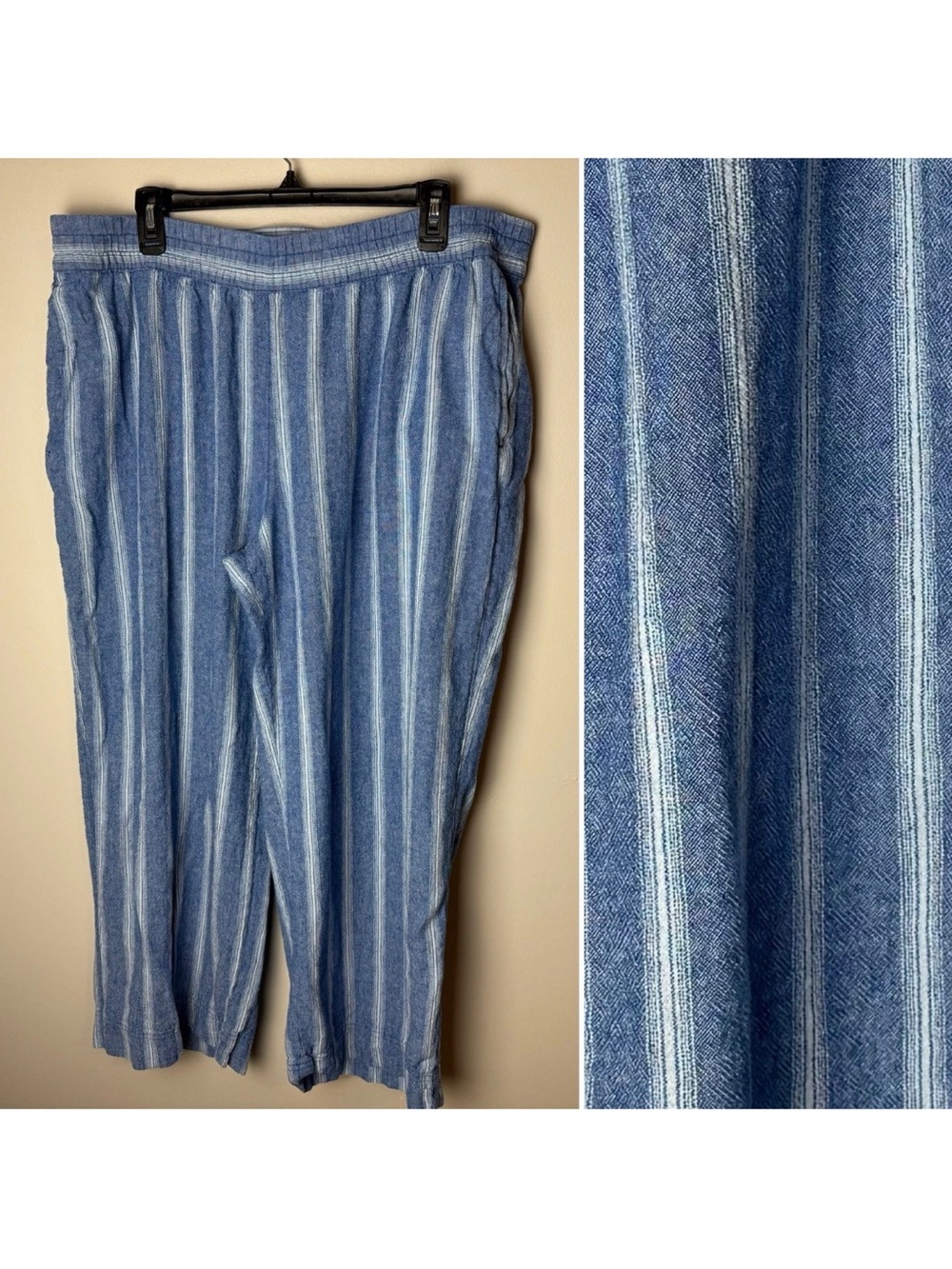 Old Navy Pants Size XL Blue White Stripes Linen Blend Wide Leg Cropped Pull On